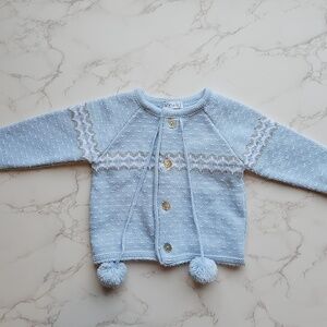 Mebi Root  Light Blue Gray White Soft Winter Pom Pom Button Up Sweater 6M